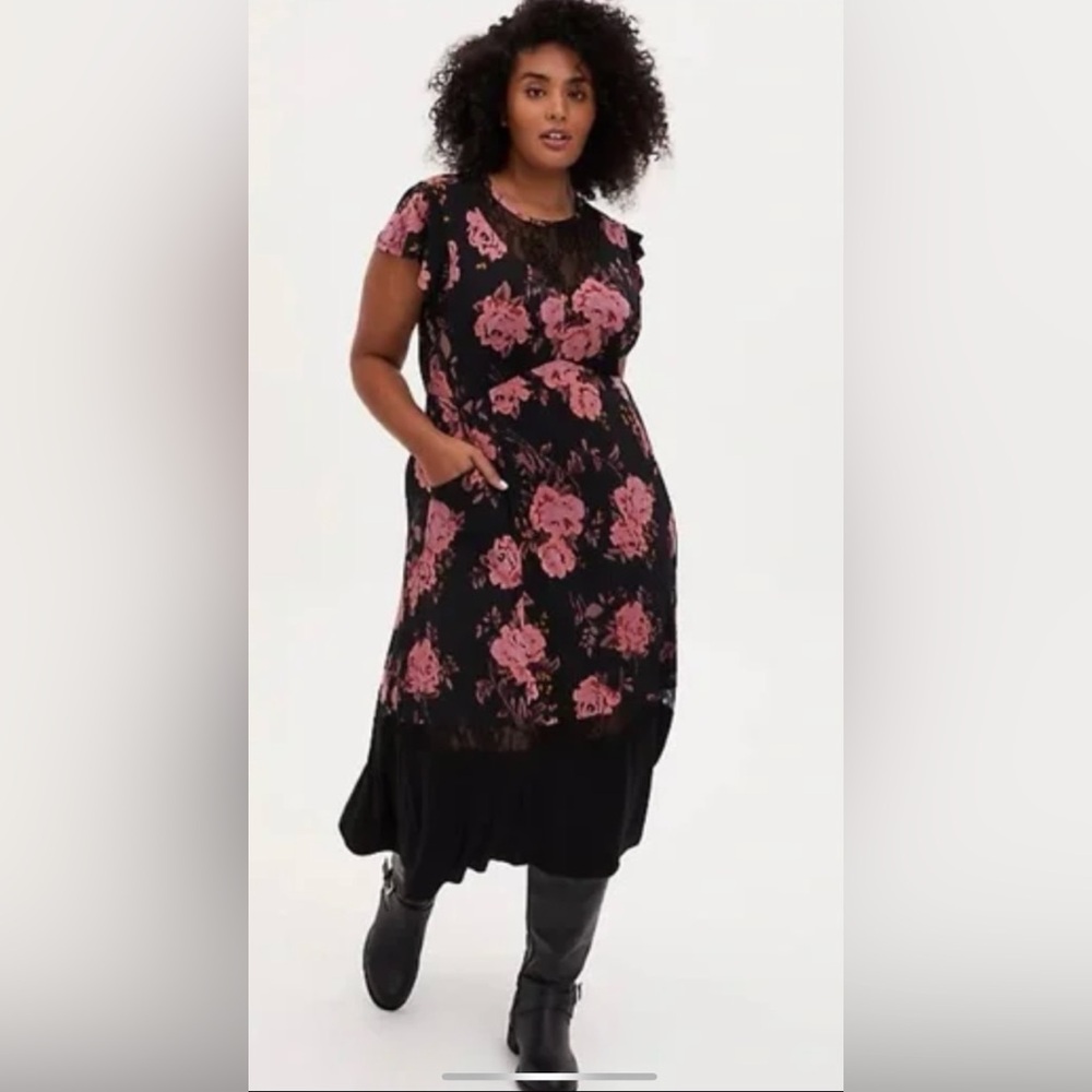 Torrid Black midi Dress with Pink Floral Design